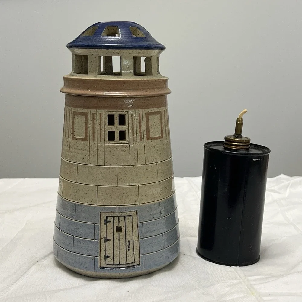 Vtg Gills Rock Stoneware Handcrafted Lighthouse Oil Lamp Candle Holder Coastal